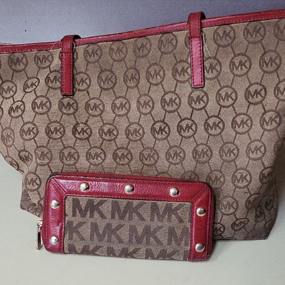 Michael Kors Brown and Red Tote Bag with Signature Monogram